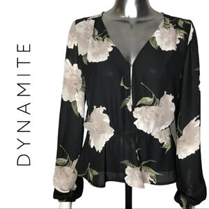 🛍️3/$40 Dynamite Floral Long Sleeve Blouse  Black Top Size XS